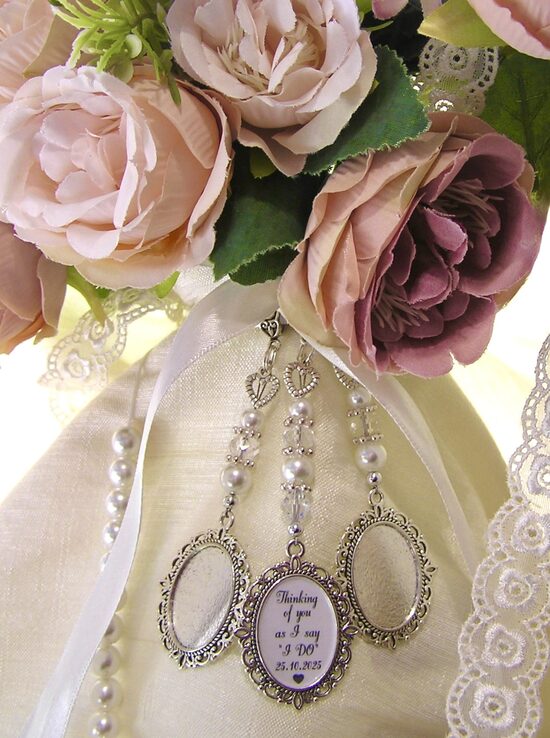 I Do Double Memorial Wedding Bouquet Charm with ribbon